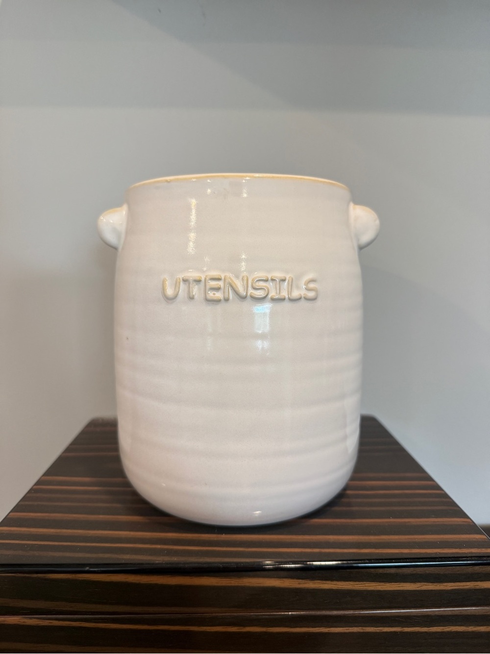 White Ceramic Utensil Holder - 'UTENSILS' Embossed